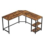 VASAGLE Schreibtisch, L-förmiger Computertisch, Eckschreibtisch mit 2 Ablagen, platzsparender Bürotisch im Industrie-Design, Gaming, einfacher Aufbau,vintagebraun-schwarz LWD72X