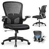 MFAVOUR-Bürostuhl ergonomisch, Ergonomischer Schreibtischstuhl mit Klappbaren Armlehnen, Arbeitsstuhl mit Verstellbarer Lordosenstütze, Kopfstütze und Armlehne, Atmungsaktiver Mesh-Drehstuhl, Schwarz